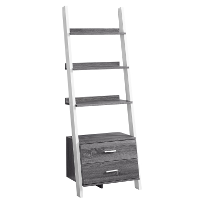 Monarch 69" Contemporary Wood Grain-Look 4-Shelf Ladder Bookcase with Storage Drawers - White / Grey Tones Finish