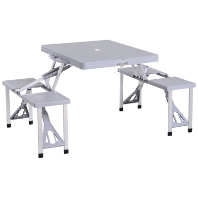 Outsunny Portable Foldable Camping Picnic Table with Seats Chairs and Umbrella Hole, 4-Person Fold Up Travel Picnic Table, Grey