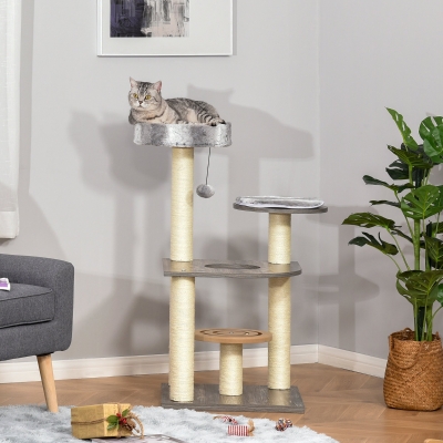 PawHut Cat tree Tower Climbing Kitten Activity Center Furniture with Sisal Scratching Post Round Toy Perch Hanging Balls 19.75" x 19.75" x 40.5"