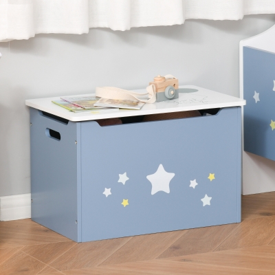Qaba Kids Wooden Toy Storage Box Organizer Chest with Gas Stay Bar Seating Bench 21.75" x 13.5" x 14" Blue