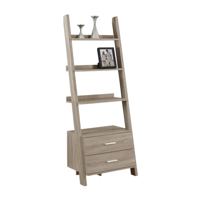 Monarch 69" Contemporary Wood Grain-Look 4-Shelf Ladder Bookcase with Storage Drawers - Dark Taupe Finish