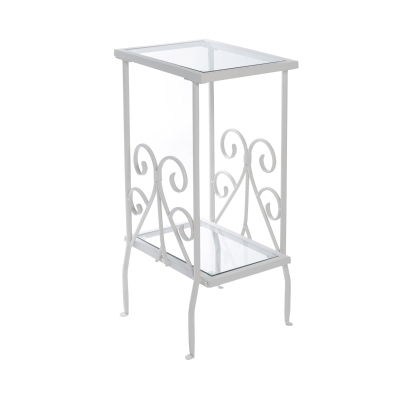 Monarch 30" Tradition Style Elegant Metal Scroll Frame 2-Tier Tempered Glass Shelf Side Accent Table - White Finish