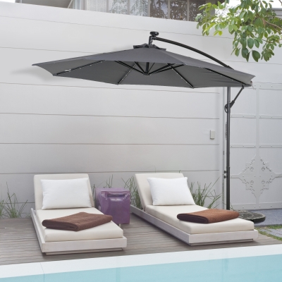 Outsunny 10ft Outdoor Cantilever Umbrella with Solar Lights Banana Umbrella with Adjustable Angle for Patio Backyard Dark Gray