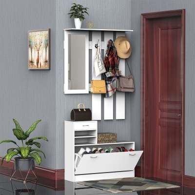 HOMCOM Entryway Organizer Unit 3 In 1 Design Hall Tree with Coat Rack Shoe Storage Shelf Mirror for Hallway Livingroom White