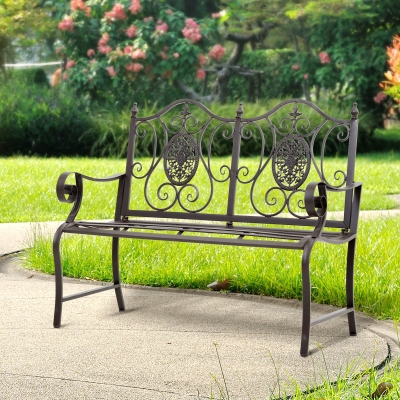 Outsunny 47" 2-Person Metal Garden Bench Outdoor Loveseat Yard Decorative Chair Park Seat Patio Furniture Brown