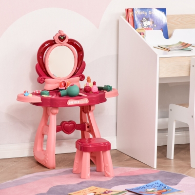 Qaba 36 Pcs Children Vanity Musical Dressing Table Kids Magic Glamour Princess Mirror Make Up Desk With Stool Beauty Kit Lights Pretend Toy for 3 Years Old Wine Red+Pink