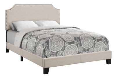 Monarch Full Size Contemporary Upholstered Bed Frame with Cutout Headboard, Brass Nail Head Trim and Wood Legs - Beige Linen Look