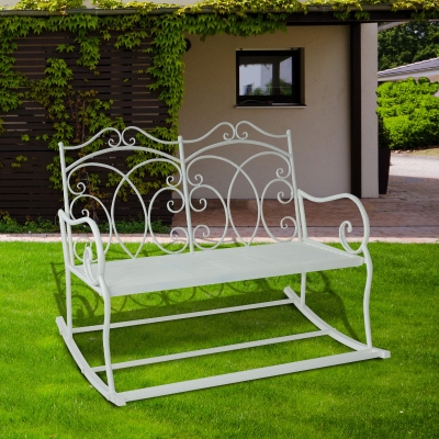 Outsunny 2 Seater Metal Garden Bench Rocking Chair White