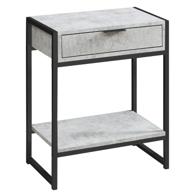 Monarch 24" Contemporary End Table Night Stand with Large Storage Drawer and Open Bottom Shelf - Grey Cement-Look / Black Nickel Frame
