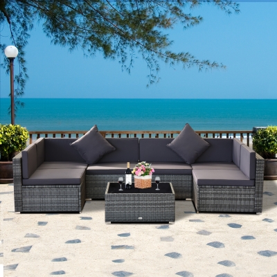 Outsunny 7pc Garden Wicker Sectional Set w/ Tea Table Patio Rattan Lounge Sofa with Cushion Outdoor Deck Furniture All Weather Grey