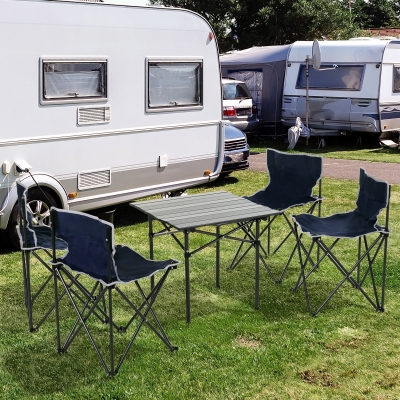 Outsunny Folding Picnic Table with 4 Stools and Carry Bag, Portable Camping Table and Chairs Set w/ Aluminum Roll-up Tabletop for Indoor Outdoor Travel Party BBQ