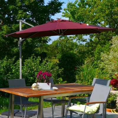 Outsunny 3m/10ft Outdoor Cantilever Sun Umbrella Solar LED Lighted Sun Shade Market Umbrella with Adjustable Angle & 360° Rotation for Backyard Poolside Lawn and Garden Wine Red
