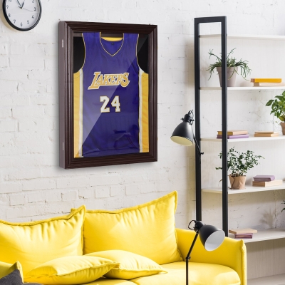 HOMCOM Jersey Display Case 24" Memorabilia Sports Baseball Shirt Cabinet Shadow Box Lockable Cherry Brown