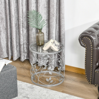 HOMCOM Tempered Glass Coffee Table Accent Side End Table with Vintage Style, Steel Frame for Living Room, Bedroom, Study, No Assembly Required, Silver