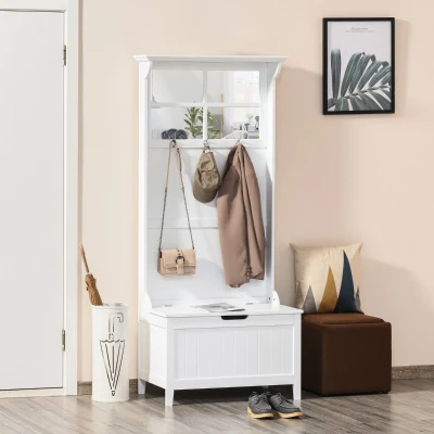 HOMCOM 4-in-1 Coat Rack Shoe Bench, White Entryway Organizer