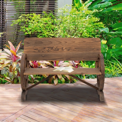 Outsunny Wooden Wagon Wheel Bench Rustic Design 2 Seater Garden Outdoor Chair High Back Loveseat