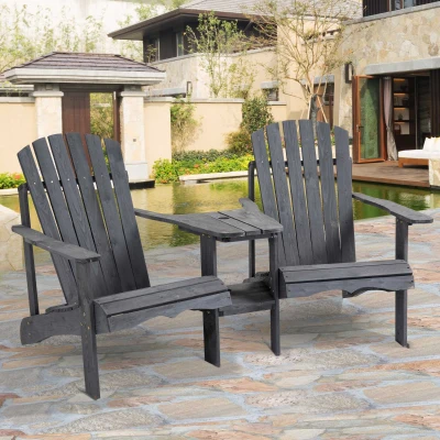 Outsunny Outdoor Wood Adirondack Chair Bench with Table & Umbrella Hole