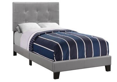 Monarch Twin Size Contemporary Upholstered Bed Frame with Tufted Headboard and Wood Legs - Grey Leather Look