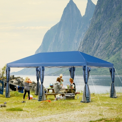 Outsunny 10x20ft Outdoor Pop-Up Party Tent Canopy Gazebo with Mesh Sidewalls, 3-Level Adjustable Height, Handy Bag, Blue