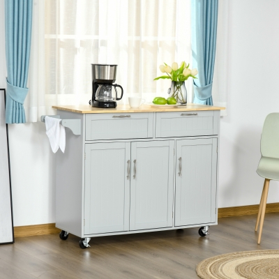 HOMCOM Kitchen Island Utility Cart, with 2 Storage Drawers & Cabinets for Dining Room, Grey