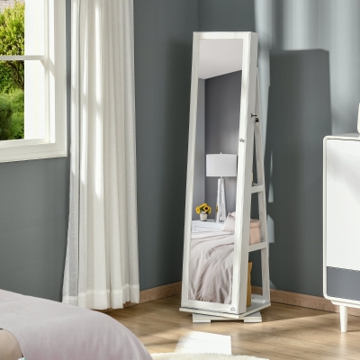 HOMCOM 360° Swivel Jewelry Cabinet, Mirror Armoire, Full Length Mirror, Lockable Jewelry Organizer with Built-In Small Mirror, White
