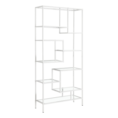 Monarch 72" Contemporary Open Concept Multi-Tier Bookshelf - Tempered Glass / White Metal