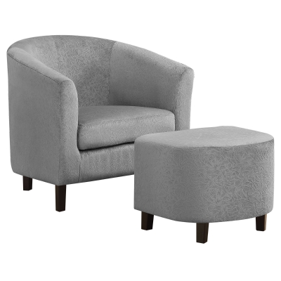 Monarch Curved Back Floral Velvet Accent Barrel Tub Chair with Matching Ottoman - Light Grey