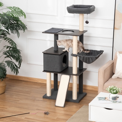 PawHut 58" Huge Cat Tree Kitty Activity Center Cat Climbing Toy Rest Pet Furniture with Sisal Scratching Post Pad Condo Bed Perch Ladder Hanging Ball Dark Grey