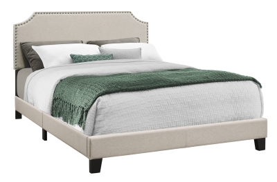 Monarch Queen Size Contemporary Upholstered Bed Frame with Cutout Headboard, Brass Nail Head Trim and Wood Legs - Beige Linen Look