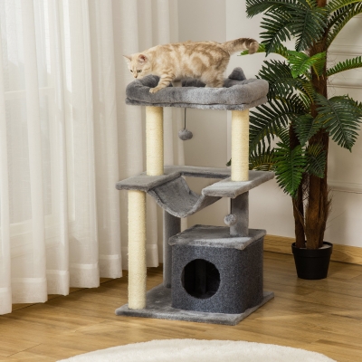 PawHut Cat Tree Tower Multi-Level Kitten House with Scratching Post Condo Hammock Bed Ball Toy - 19 x 19 x 39.25 Inches, Gray