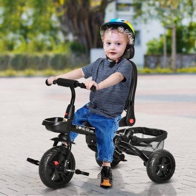 Qaba Baby Tricycle 4 In 1 Push Stroll w/ Reversible Angle Adjustable Seat Removable Handle Canopy Handrail Belt Storage Footrest Brake Clutch for 1-5 Years Old Grey