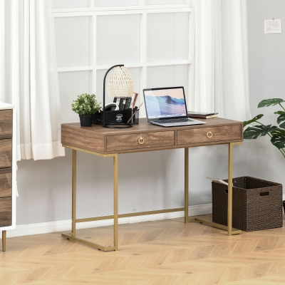 HOMCOM Modern Functional Computer Desk, Vanity Makeup Table with Two Drawers, Metal Frame, Wood Effect Top and Gold Leg for Bedroom, Office
