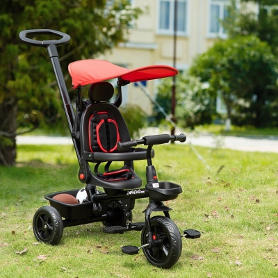 Qaba Baby Tricycle 4 In 1 Stroller w/ Reversible Angle Adjustable Seat Removable Handle Canopy Handrail Belt Storage Footrest Brake Clutch for 1-5 Years Old Red