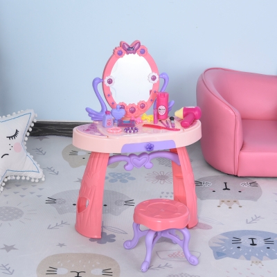 Qaba Kids Vanity Table and Stool Beauty Pretend Play Set with Mirror Lights Sounds
