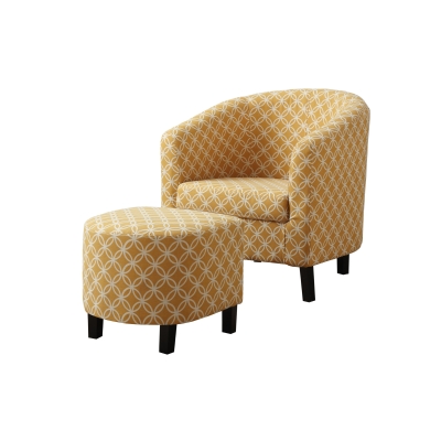 Monarch Modern Upholstered Curved Back Barrel Tub Chair with Matching Ottoman - Yellow Circular Pattern