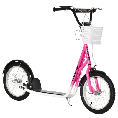 Aosom Kick Scooter Adjustable w/ Inflatable Wheel, Brake, Basket, Cupholder & Mudguard, Pink