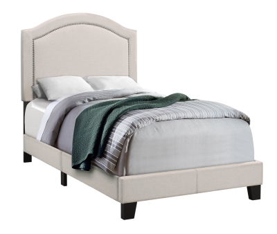 Monarch Twin Size Contemporary Upholstered Bed Frame with Brass Nail Head Trim and Wood Legs - Beige Linen Look