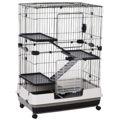 PawHut 43" 4-Level Metal Small Animal Cage with Main House for Rabbits, Guinea Pigs, w/ Wheels and Brakes, 3 Doors, Detachable Run