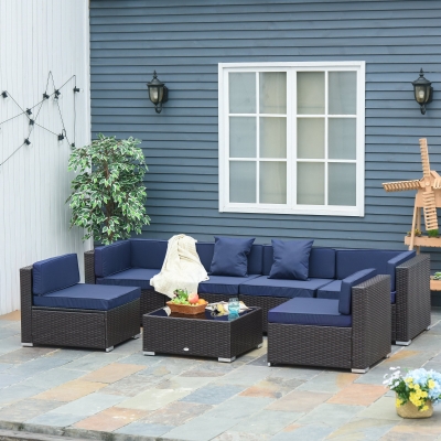 Outsunny 7pc Garden Wicker Sectional Set w/ Tea Table Patio Rattan Lounge Sofa with Cushion Outdoor Deck Furniture All Weather Coffee and Dark Blue