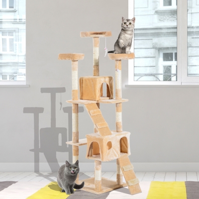 PawHut 67-inch Multi-Level Cat Scratching Tree Kitty Activity Center Post Tower Condo Pet Furniture w/ Toy Beige