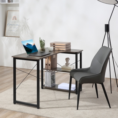 HOMCOM L-Shaped Computer Desk Home Office Corner Desk Study Workstation Table with 2 Shelves, Steel Frame, Dark Grey
