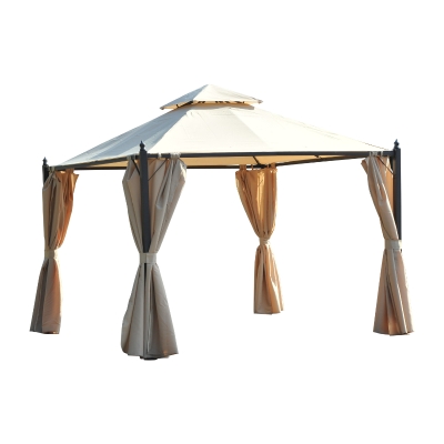 Outsunny 10' x 10' Steel Outdoor Garden Gazebo with Curtains - Dark Coffee / Off White