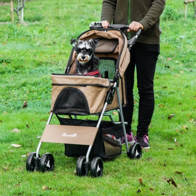 PawHut Pet Stroller Foldable Carrier for Cat, Dog and More 4 Wheels Travel Jogging Stroller with Cup Holder, Storage Basket, 360 ° swiveling front wheels, One Push Button- Fold, Coffee