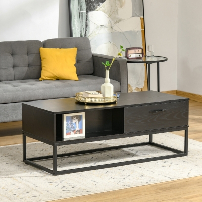HOMCOM 47" Industrial Coffee Table with Storage Shelves, 2 Drawers, Rectangular Frame, Accent Cocktail Table for Living Room, Black