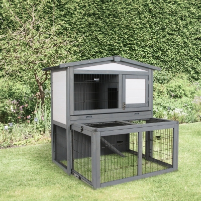 PawHut Wooden 2 Story Rabbit Hutch with Outdoor Run Open Roof