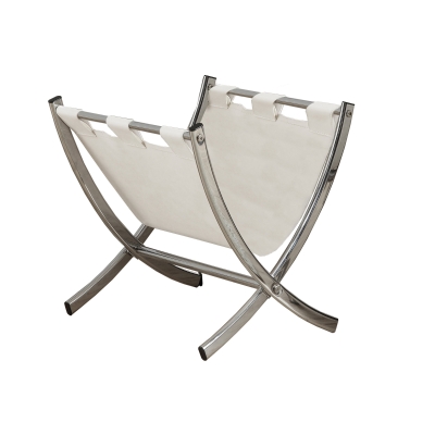 Monarch PU Leather Sling Chrome Metal Framed Magazine Storage Rack - White Finish