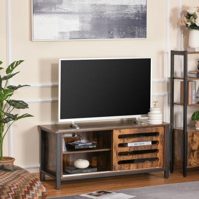 HOMCOM Industrial TV Stand for TVs up to 50 Inches TV Cabinet with Sliding Doors 4 Storage Shelves and Cable holes for Living Room Bedroom Hallway Rustic Brown