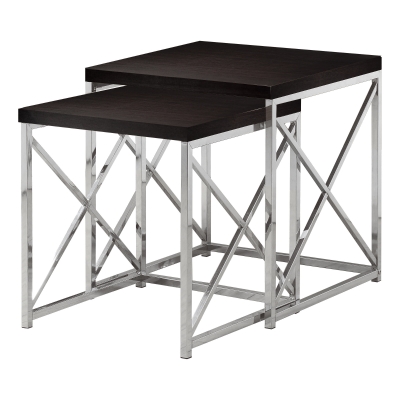Monarch Contemporary 2 Piece Chrome Metal Frame Accent Side Nesting Table Set - Cappuccino Brown Wood Grain-Look Finish