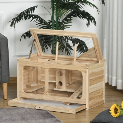 PawHut Wooden Hamster Cage Rodent Small Animal Hutch with Seesaw, Ladder Activity Center Play House for Indoor Use 30.75" x 15.75" x 17.25", Natural