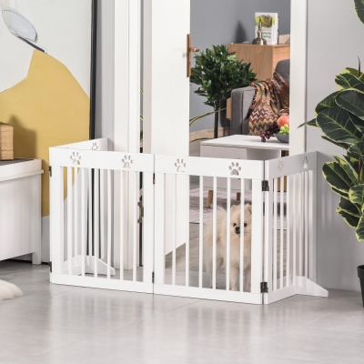 PawHut Freestanding Pet Gate 4 Panel Wooden Dog Barrier Folding Safety Fence with Support Feet up to 80.25" Long 24" Tall for Doorway Stairs White